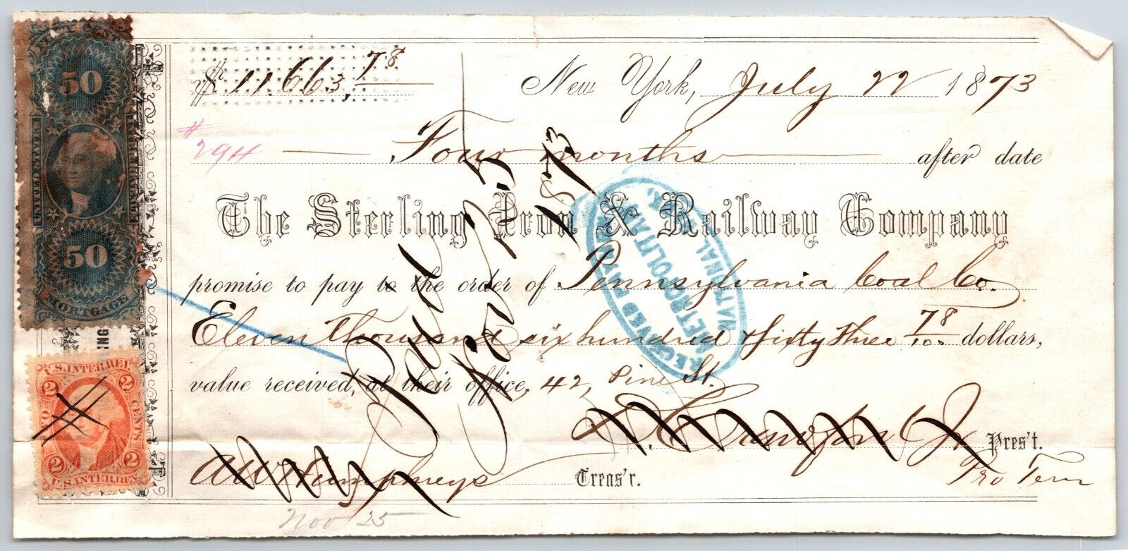 Sterling Railroad / Pennsylvania Coal Co. 1873 Promissory Note w/ Rev Stamps