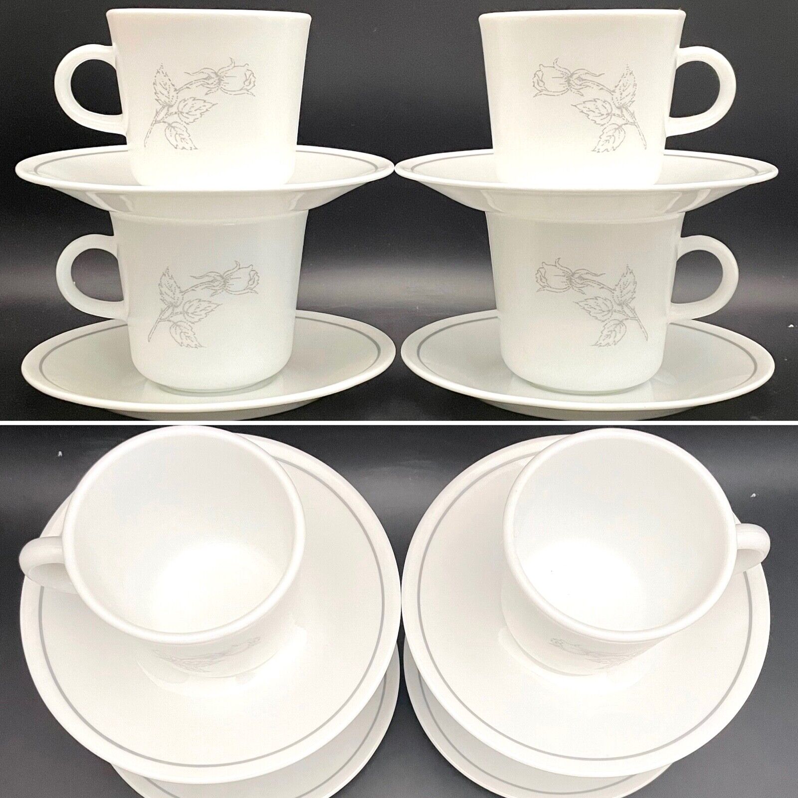 Corelle Livingware by Corning Solitary Rose Cup & Saucer Set for 4 USA 8 Pieces