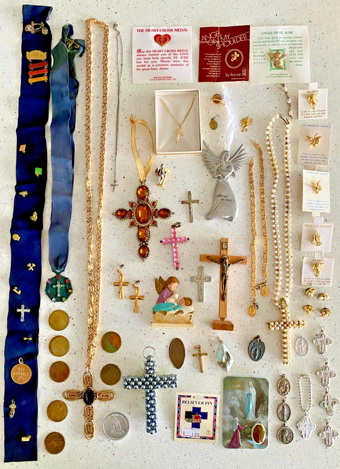 Huge Vintage Lot of 70 Pieces Religious Pins Jewelry Medals Crucifix Coins Angel