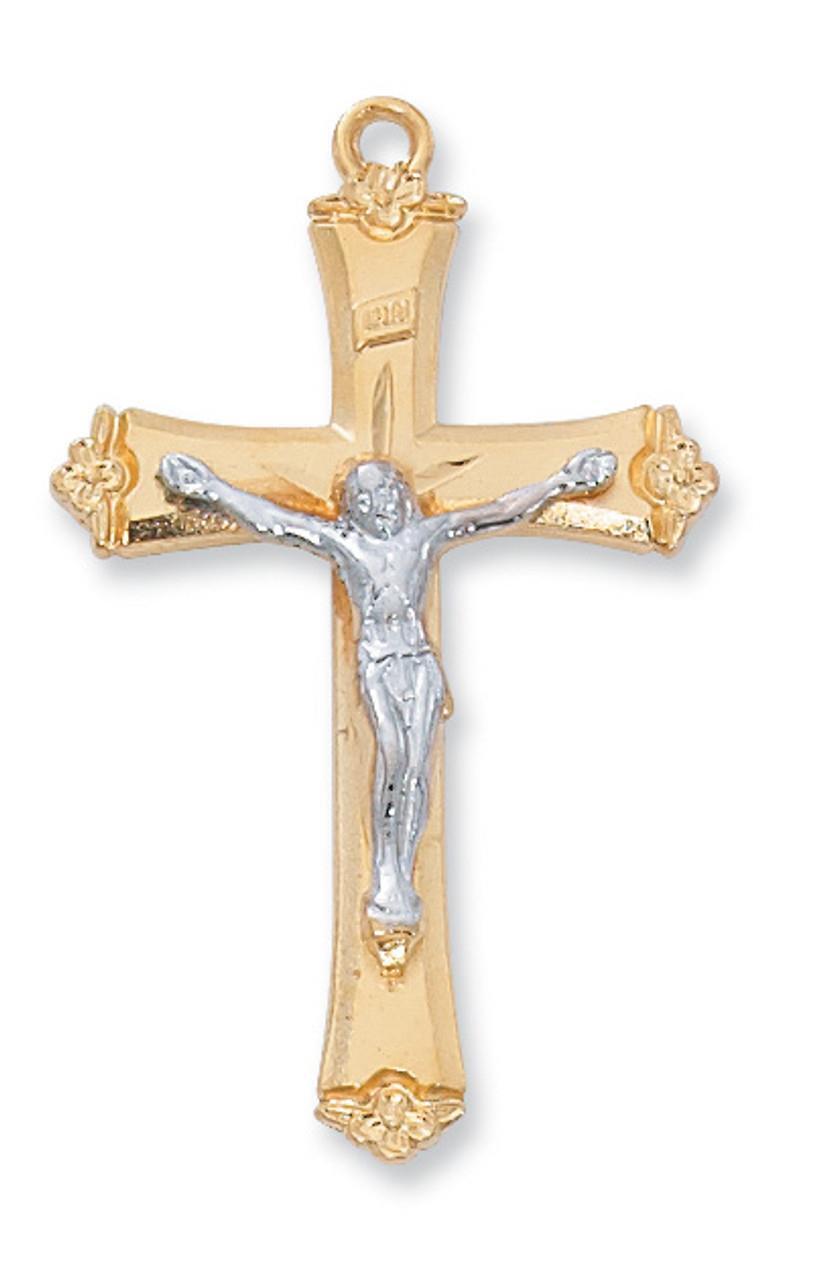 Gold Tone Sterling Silver Two Tone Crucifix Features 18in Long Chain
