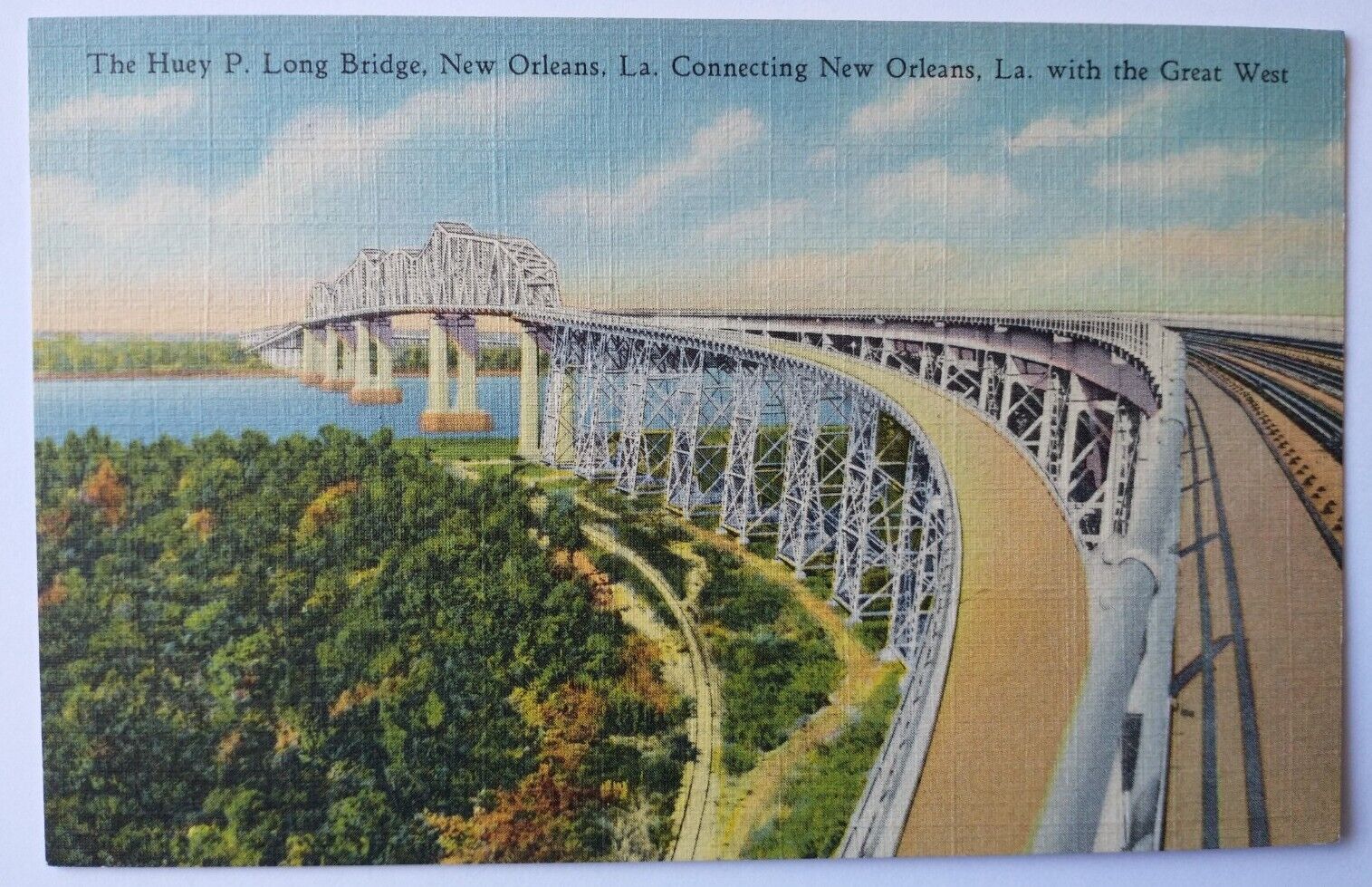 Huey P Long Bridge New Orleans Louisiana LA Linen Postcard