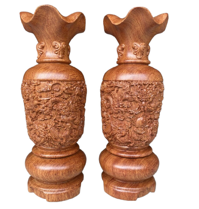 Lot 02 pcs of Lục Bình Nine Dragon Carve Aromatic Wood Vases For Décor Feng Shui