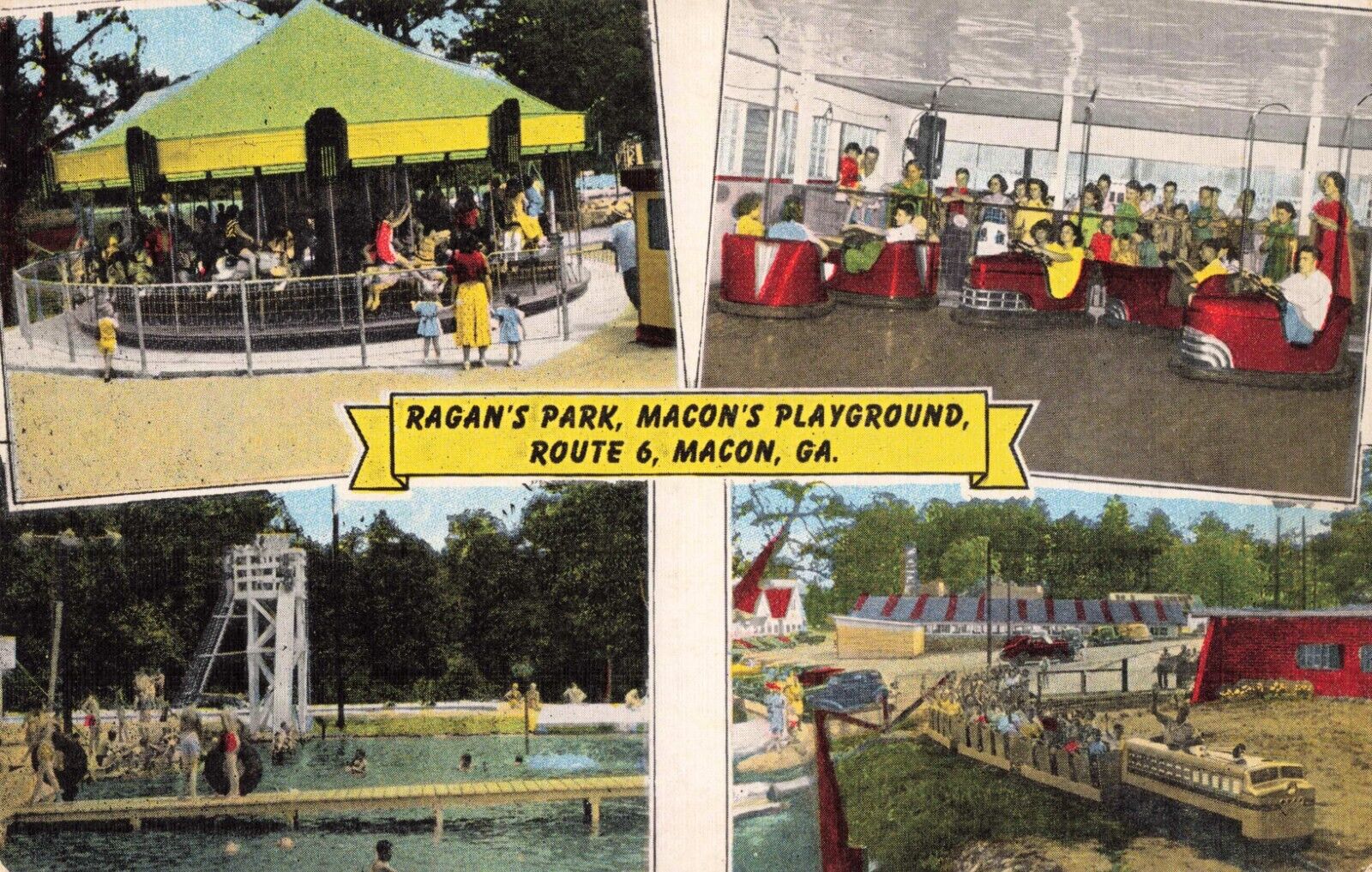 Ragan's Amusement Park Route 6 Macon Georgia Carousel Bumper Cars c1950 Postcard
