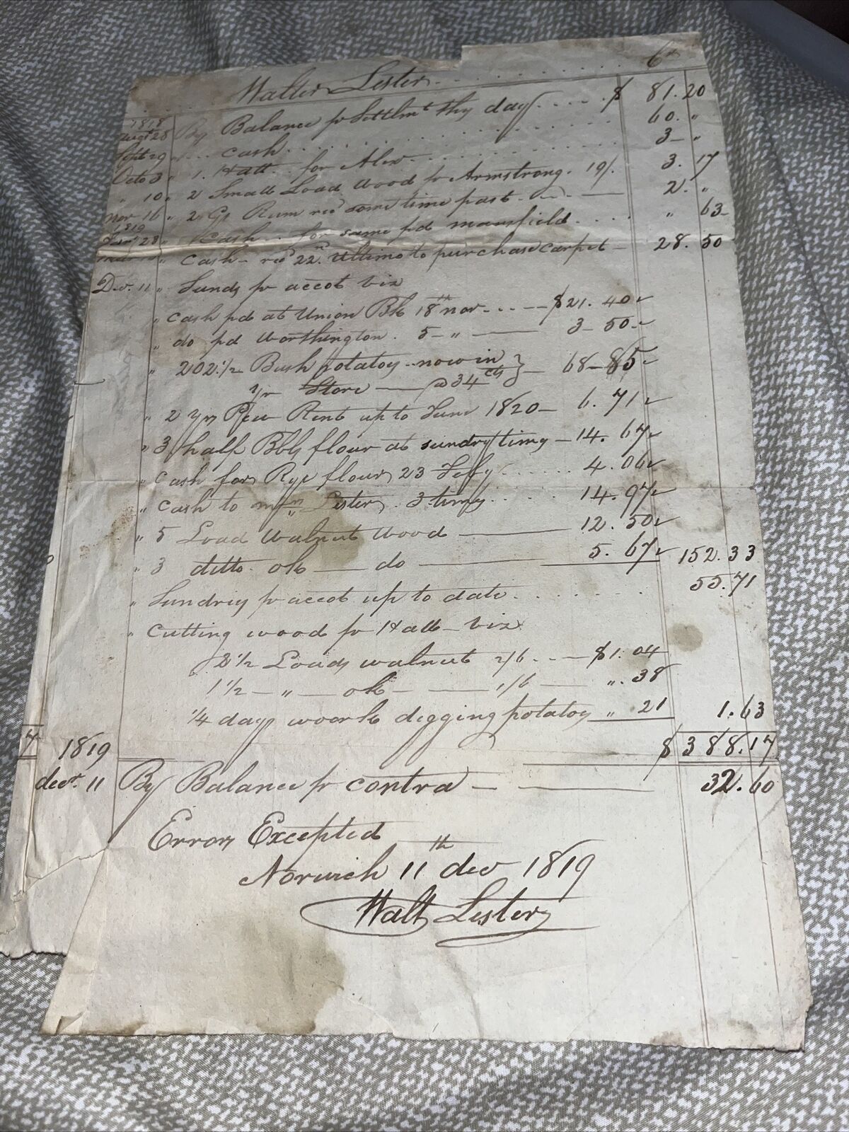 1819 Ledger / Document Signed: Captain Walter Lester, Historic Figure Norwich CT