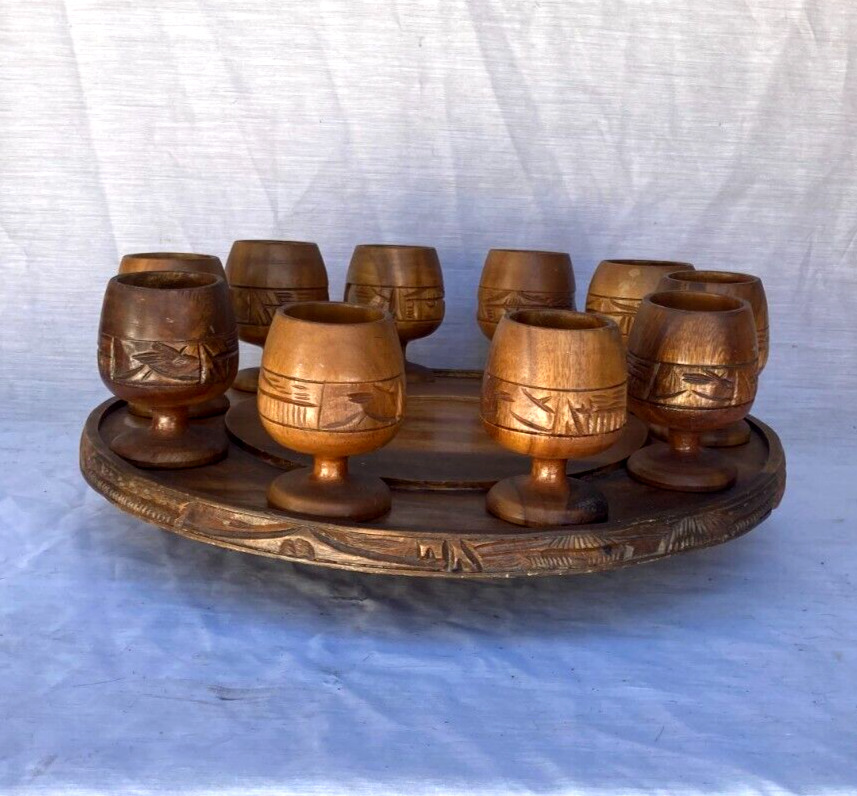 Vintage Beautifully Carved Wood 10 Goblets and Rotating  Tray Set - Rare
