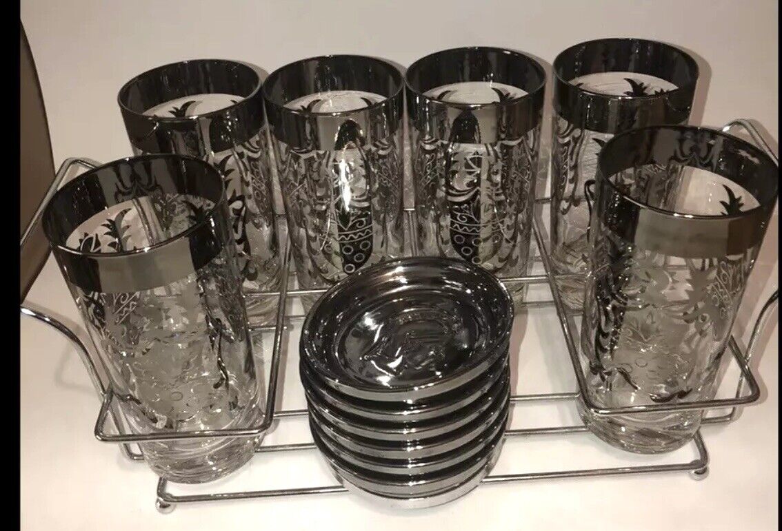 Rare MCM 13 Pc Kimiko 6 Highball Glasses with 6 Coaster Set Knights Bar Ware Fun