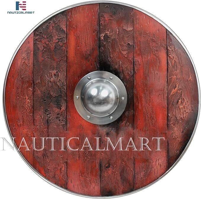 NauticalMart Aged Wood Viking Shield - SCA/LARP/Norse/Norway/Antique/Armor Red