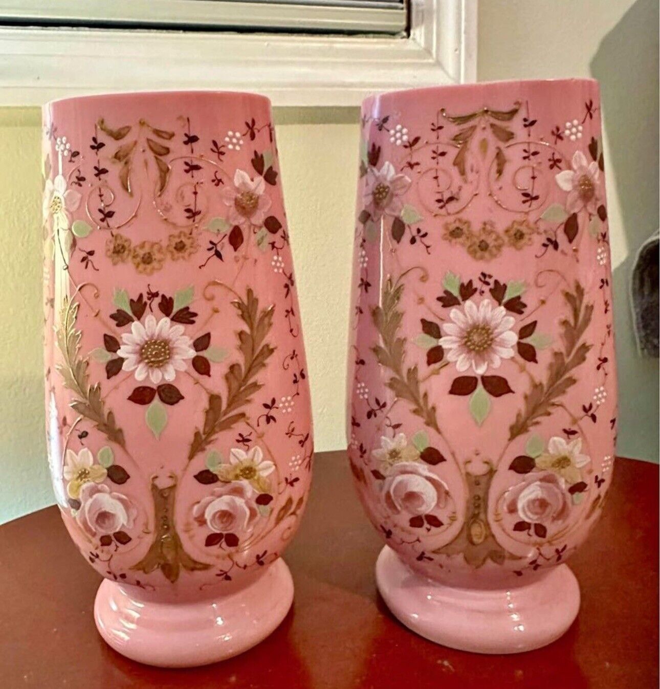 2 Continental Bristol Pink HAND PAINTED Large Vases Vintage c. 1900\'s Rare