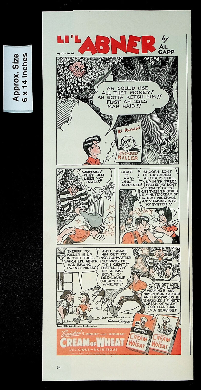 1942 Cream Of Wheat Li'l Abner Comic Like Vintage Print Ad 40724