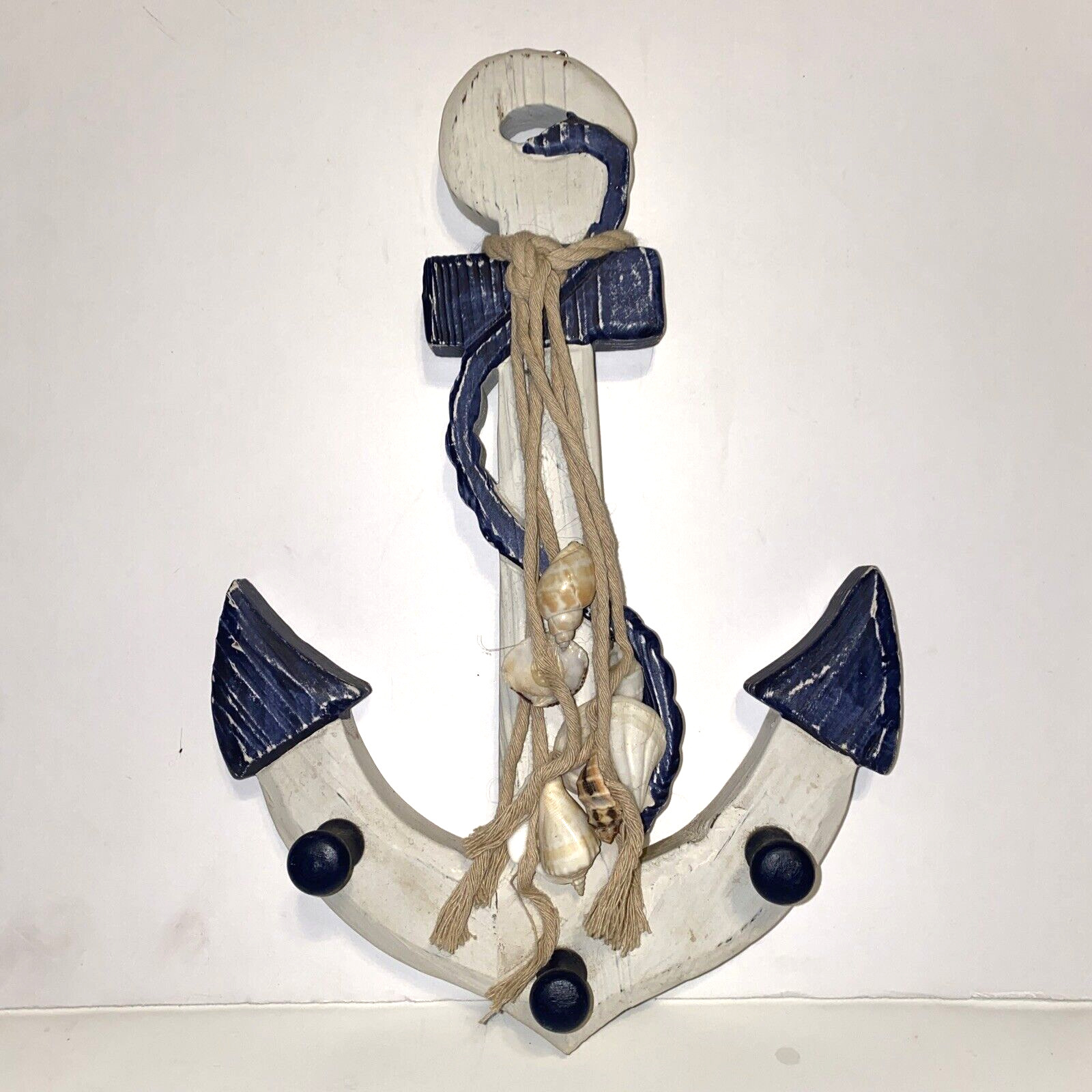 Wood Anchor & Seashells 3 Peg Holders Wall Hanging Blue White Nautical Decor