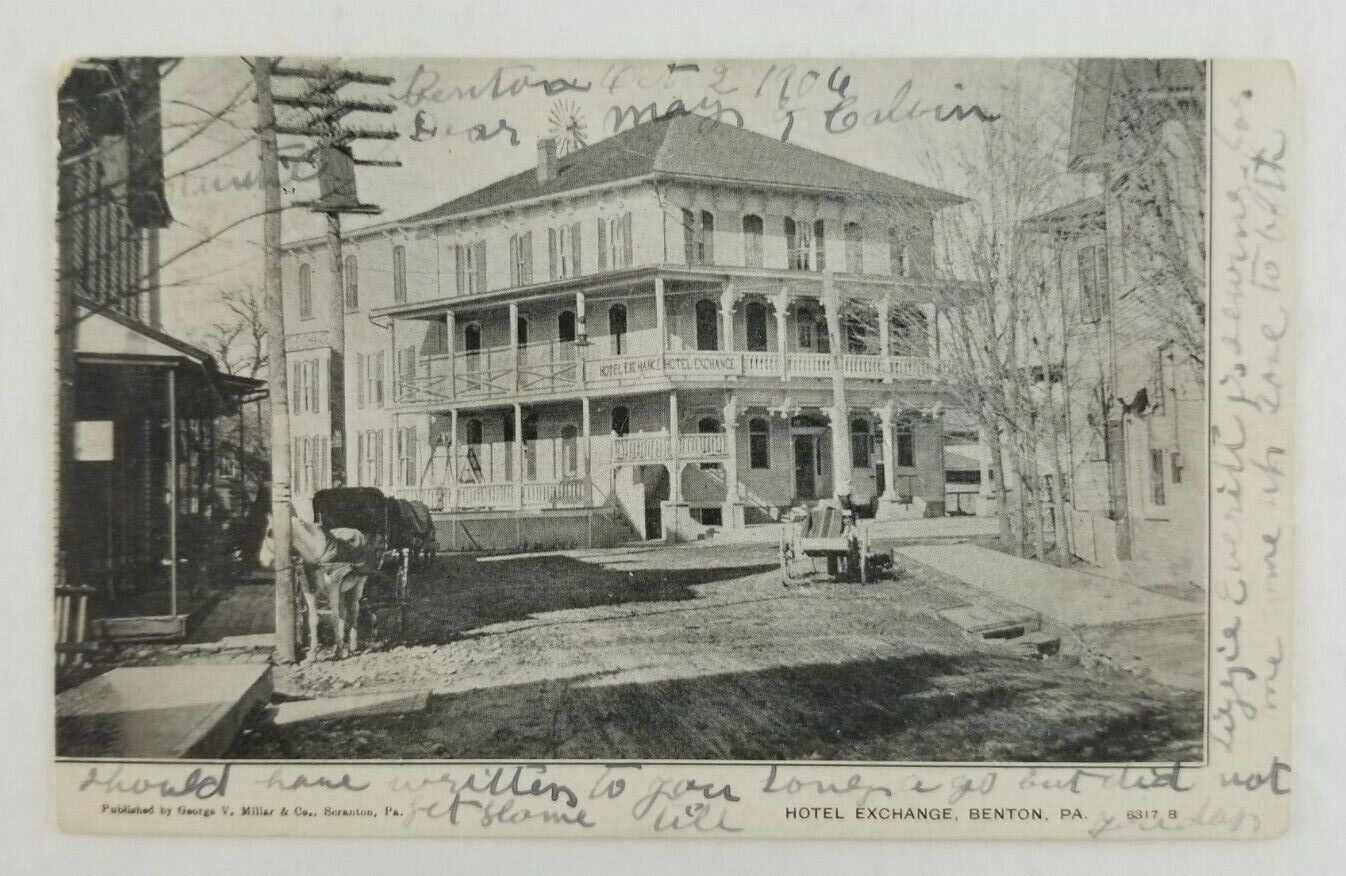 Postcard Hotel Exchange in Benton Pennsylvania Horse Wagon 1906