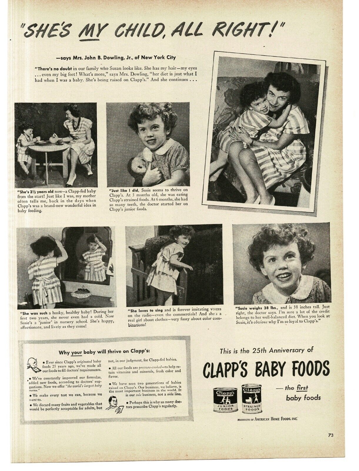 1946 Clapp's Baby Food Mrs. John Dowling Jr & Children New York City Print Ad