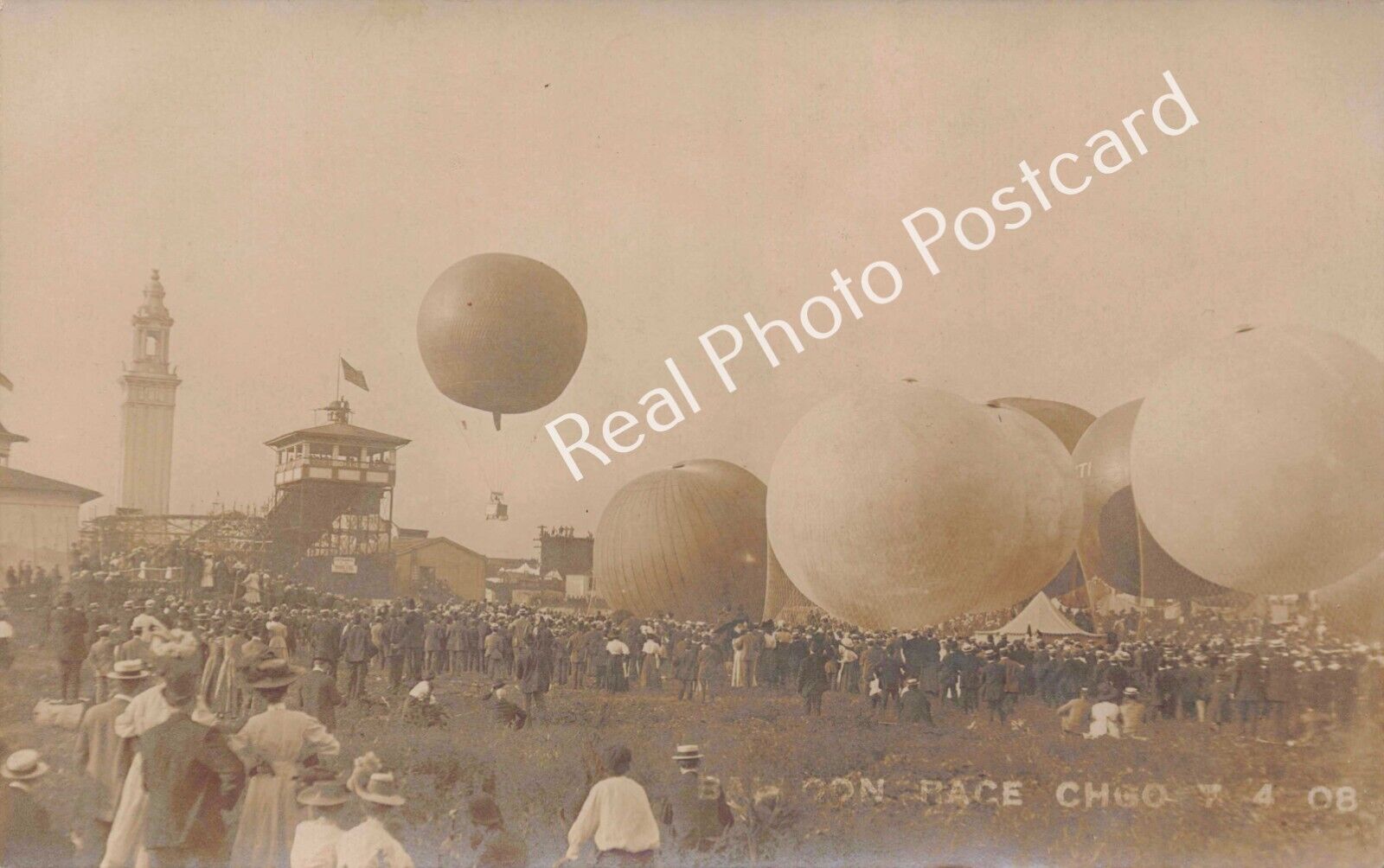 RPPC Chicago Illinois Crowds Watch Start of Hot Air Balloon Race 1908 Postcard