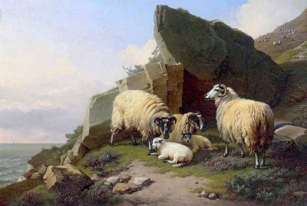 Art Oil painting Sheep-Grazing-on-a-Rocky-Outcrop-Eugene-Verboeckhoven-Oil