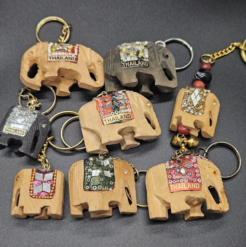 8 Vintage Wood carved Small Elephants one has two heads-Keychain Thailand