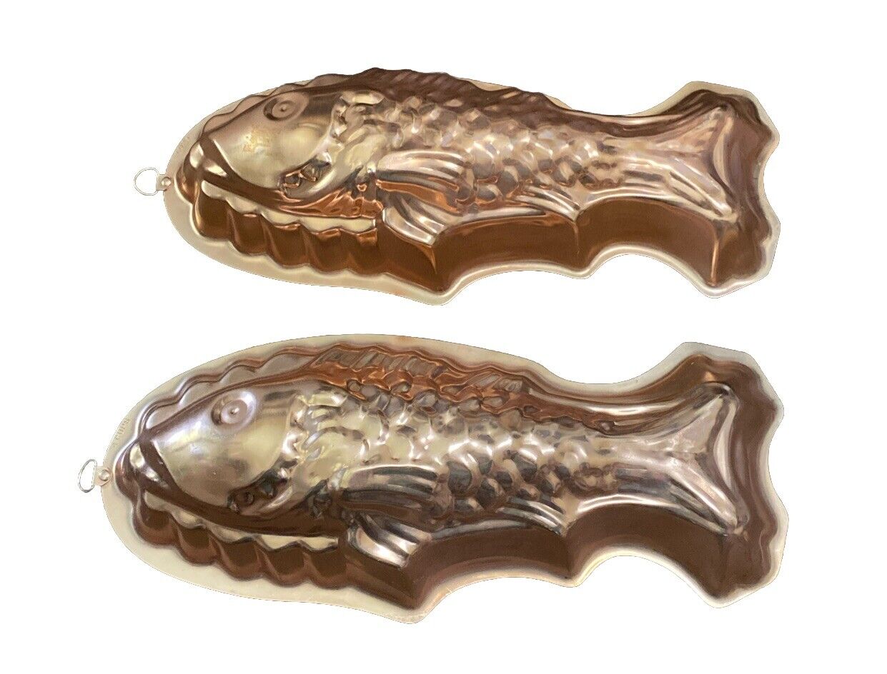 Lot  of 2 Copper Baking Pans Jello Molds Hanging Wall Decor 13” Fish