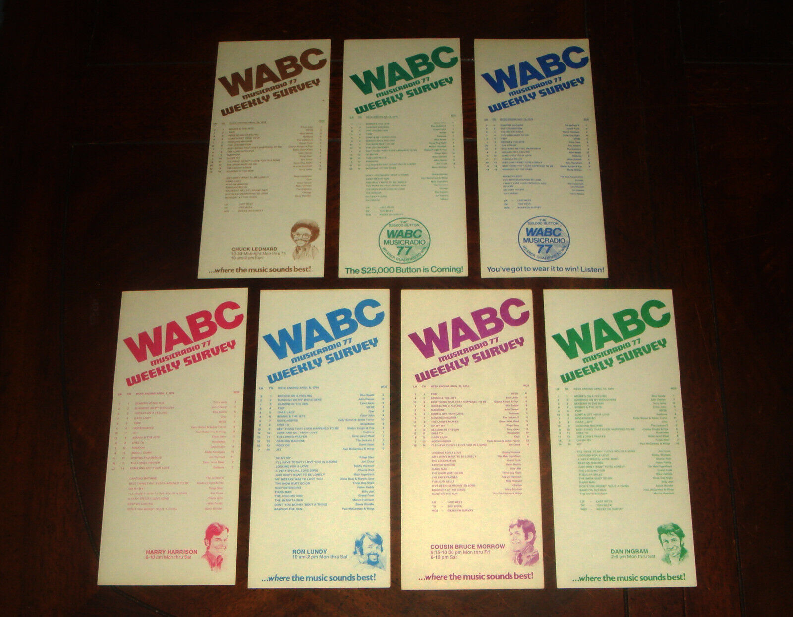 RARE lot of 7 WABC MUSIC RADIO 77 New York WEEKLY SURVEY April - May 1974 NMINT
