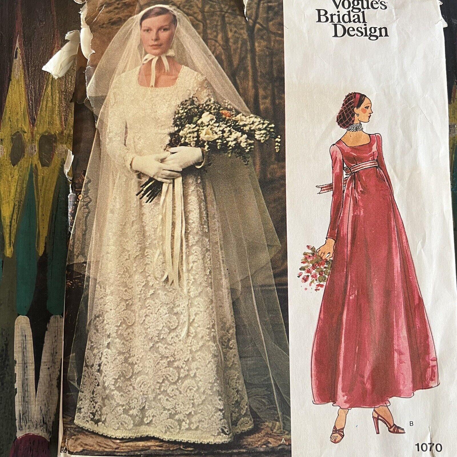 Vintage 70s Vogue Bridal 1070 Cottagecore Wedding Dress + Veil Sewing Pattern 14