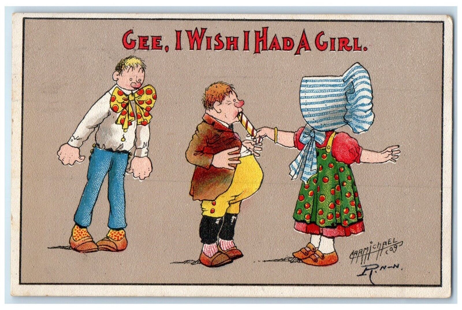 1909 Girl Feed Boy I Wish I Had A Girl Carmichael Signed Kansas City MO Postcard
