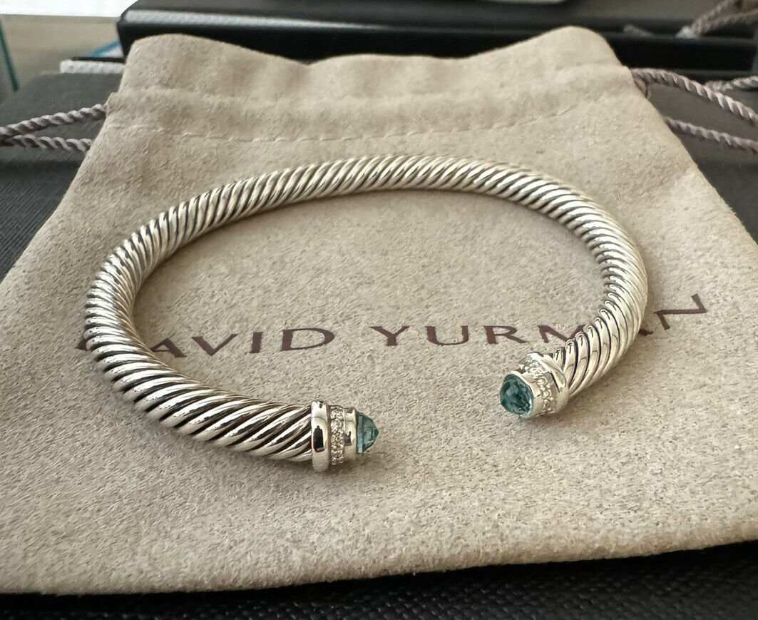 David Yurman 925 Silver 5mm Classic Cable Hampton Blue & Diamonds Bracelet Sz S