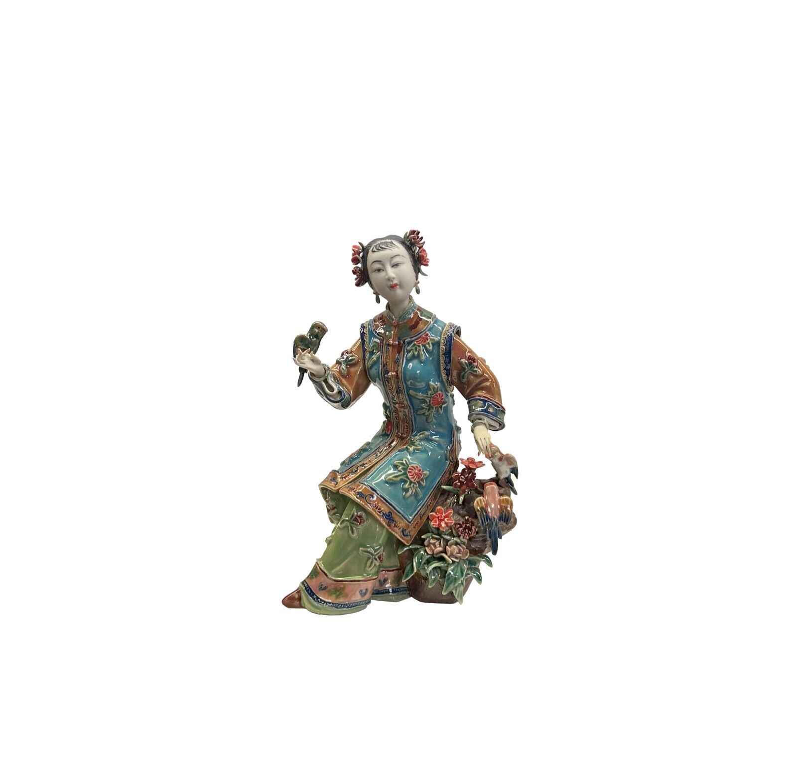 Chinese Porcelain Qing Style Dressing Birds Flower Sitting Lady Figure ws4046