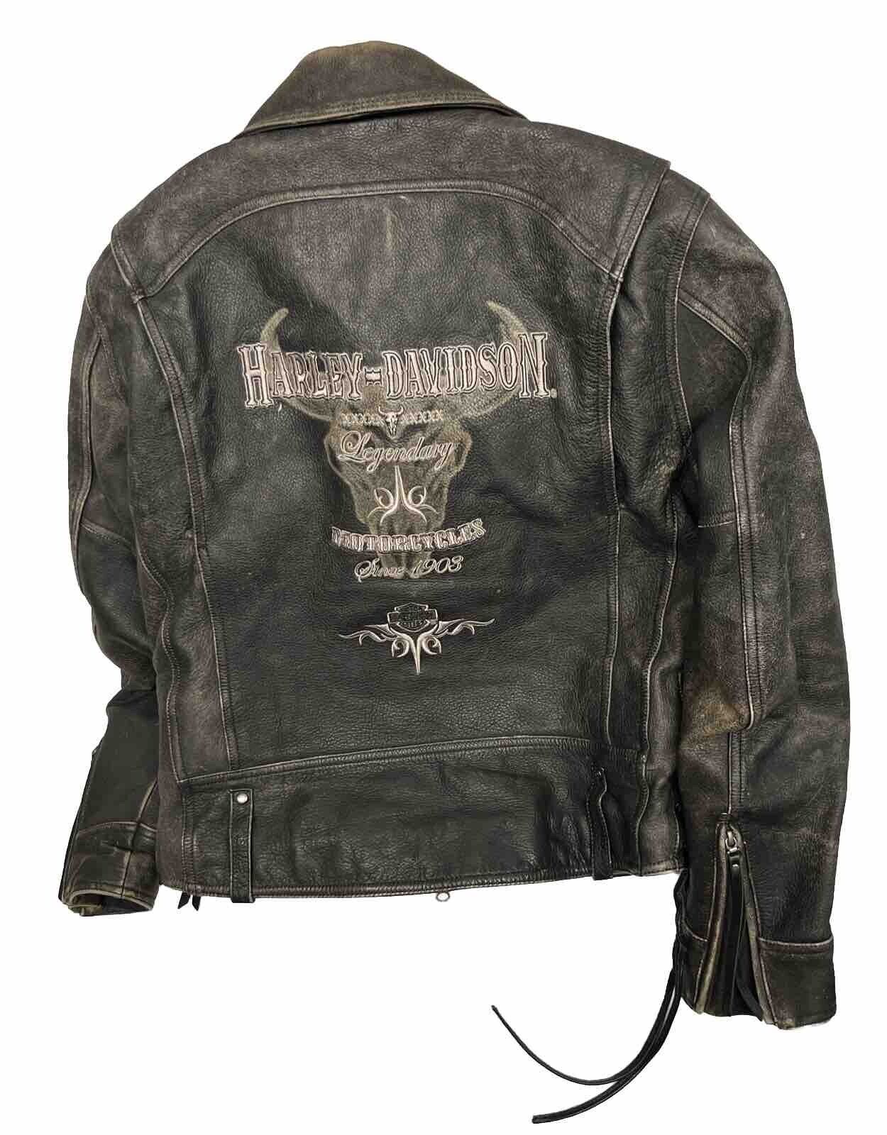 Harley Davidson Mens Distressed Leather Embroidered HD Jacket Size L Heavy