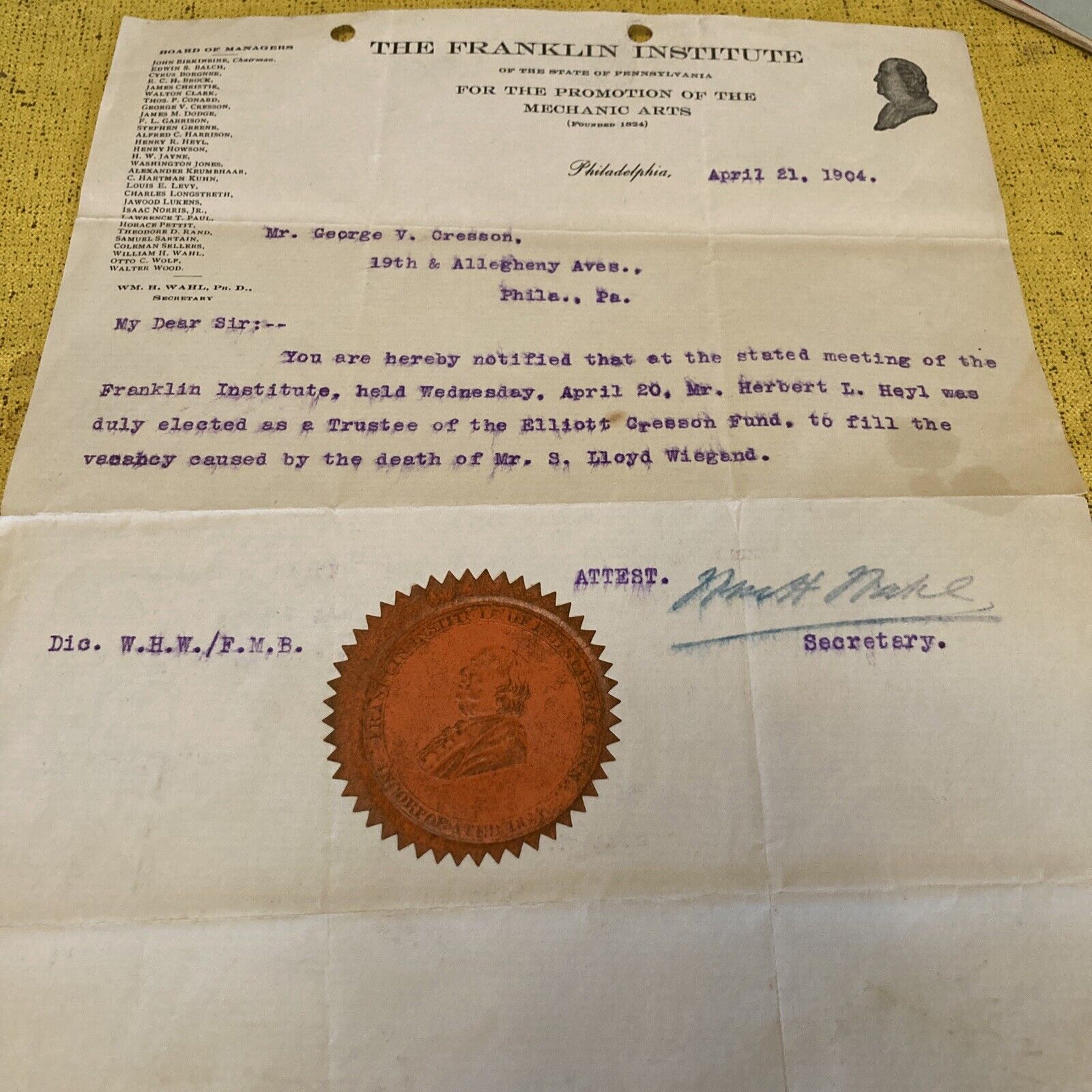 Franklin Institute of the State of Pennsylvania - 1904 Letter & Franklin Seal