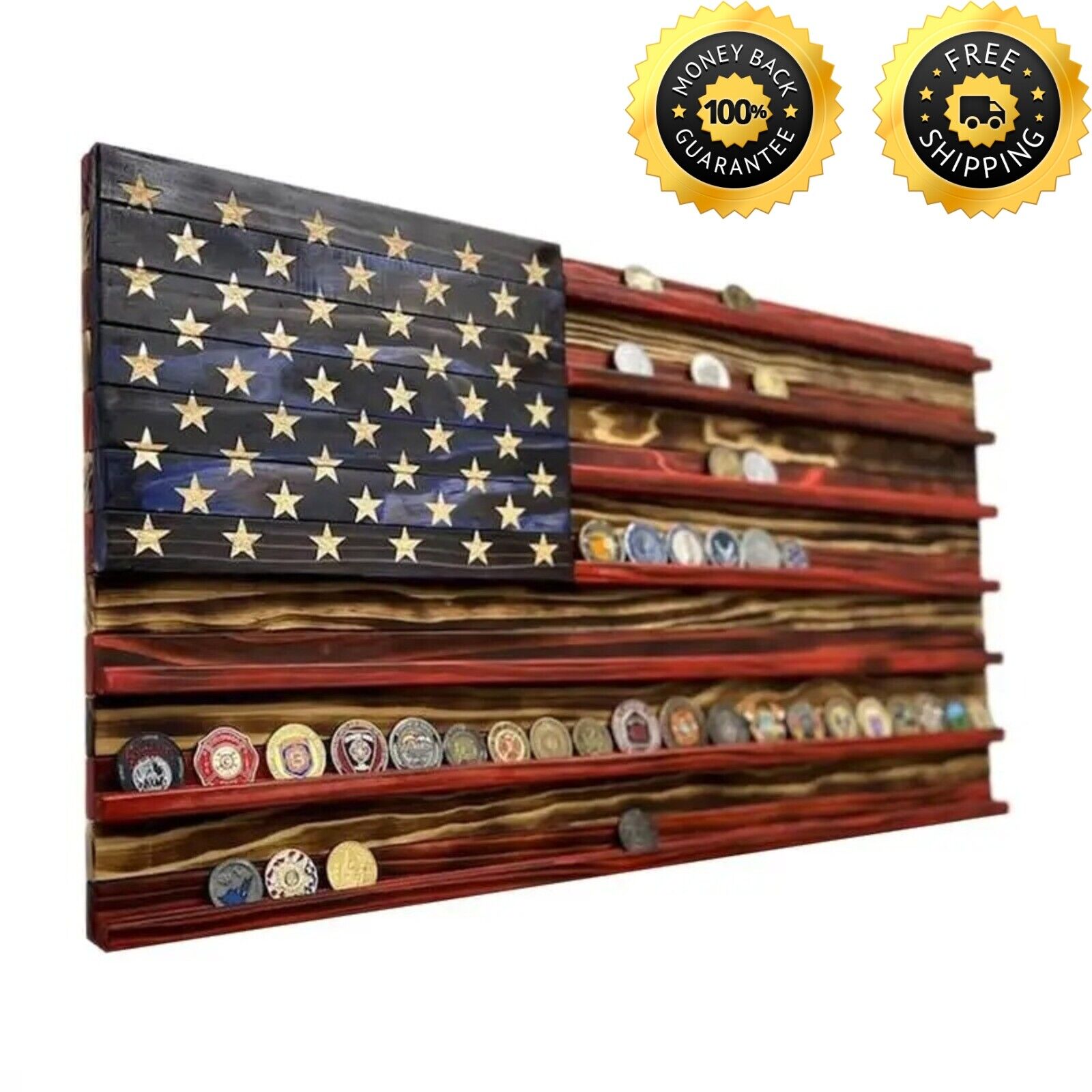 Vintage American Flag Solid Wood Coin Display Holder Rack Challenge Wall Mounted