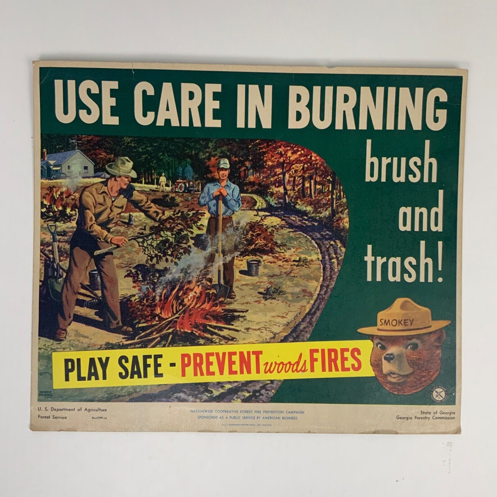 Vintage 1956 Smokey The Bear Poster Cardboard Use Care Burning 17x14 Fire Safety