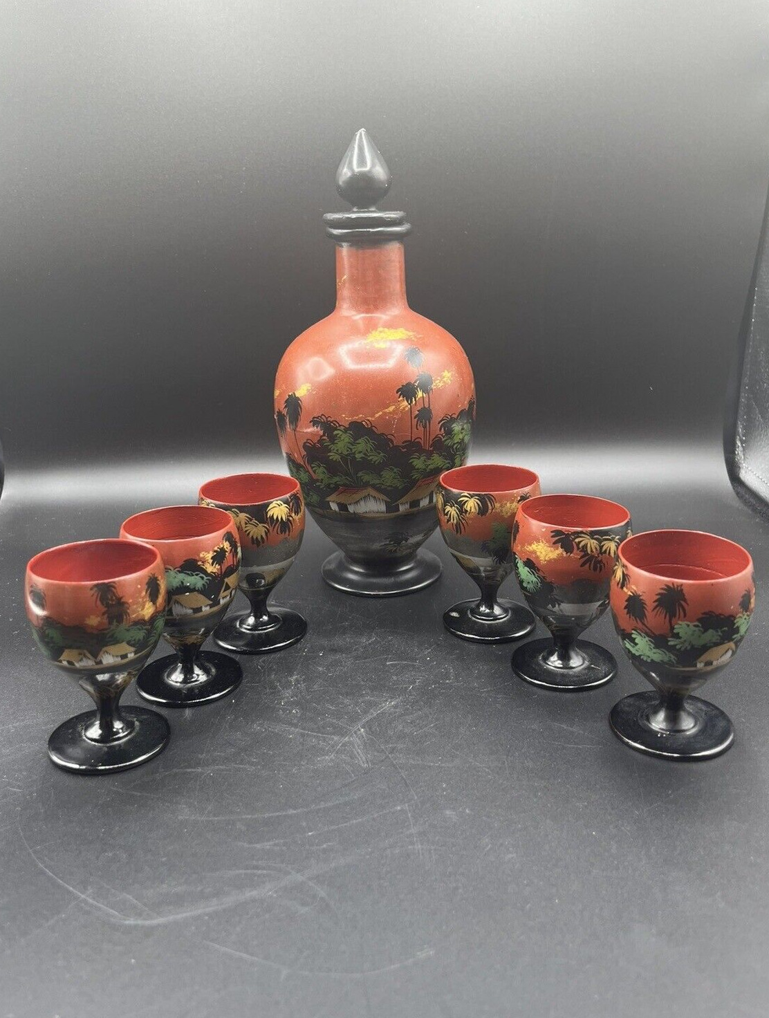 Vintage Red Laquerware Decanter w/Lid & Six Cups Chinese Pagoda Village Scene