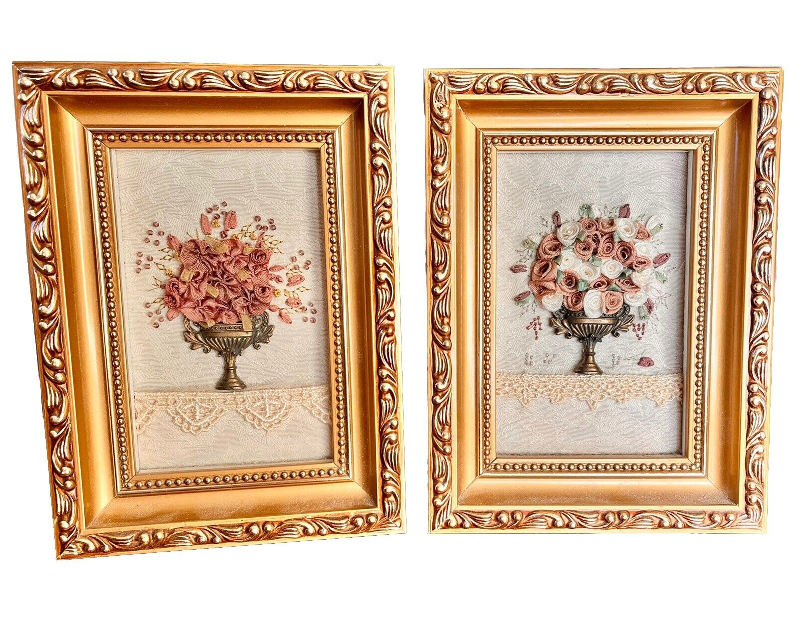 VTG Ornate Gold Framed Ribbon Bouquet Pictures Lot Cottage Grandma-Core 5.5X7.5”