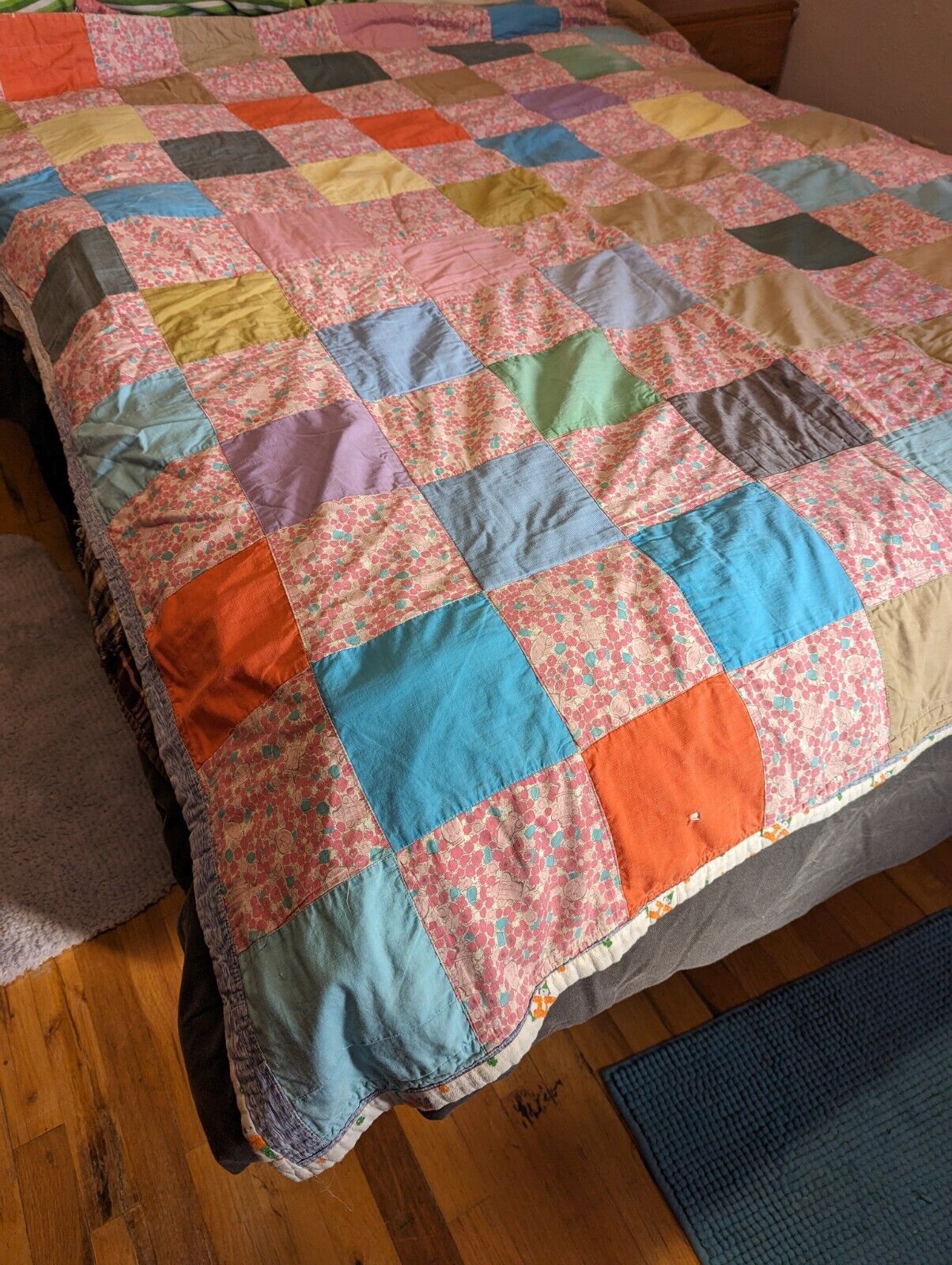 60s Vintage 71 x 62 Cutter Quilt Coverlet Bedspread Checkerboard soft warm AS IS