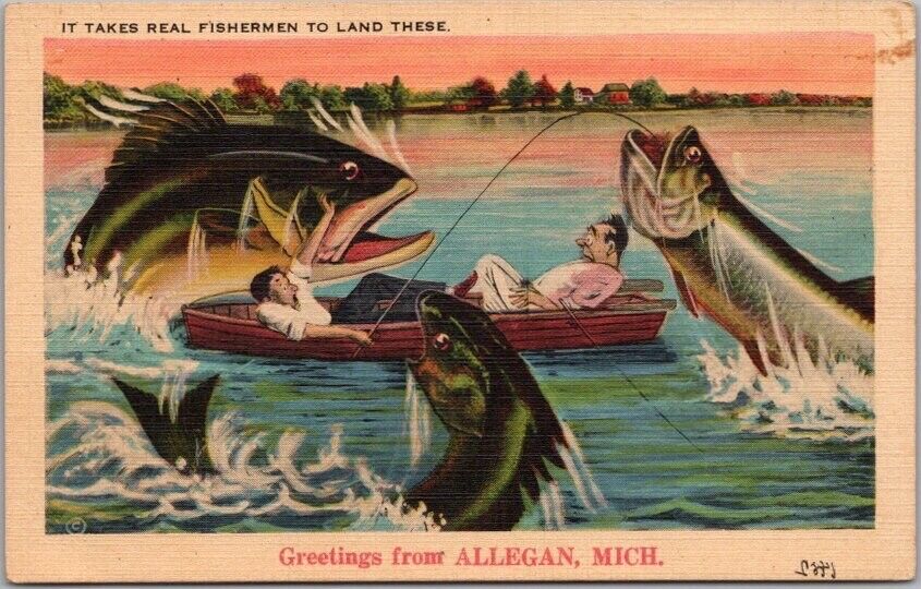 ALLEGAN Michigan Fishing Exaggeration Linen Postcard 