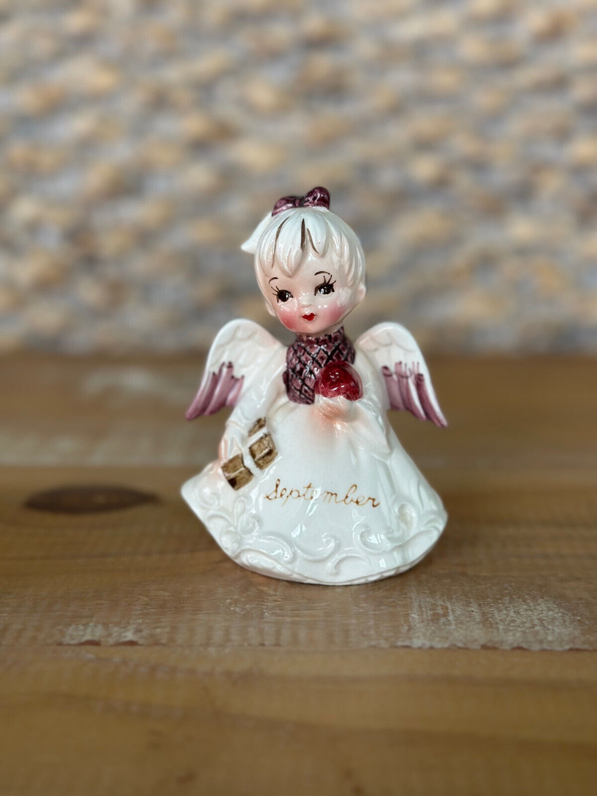 Vintage September Birthday Angel Of The Month Figurine Holding Book And Apple