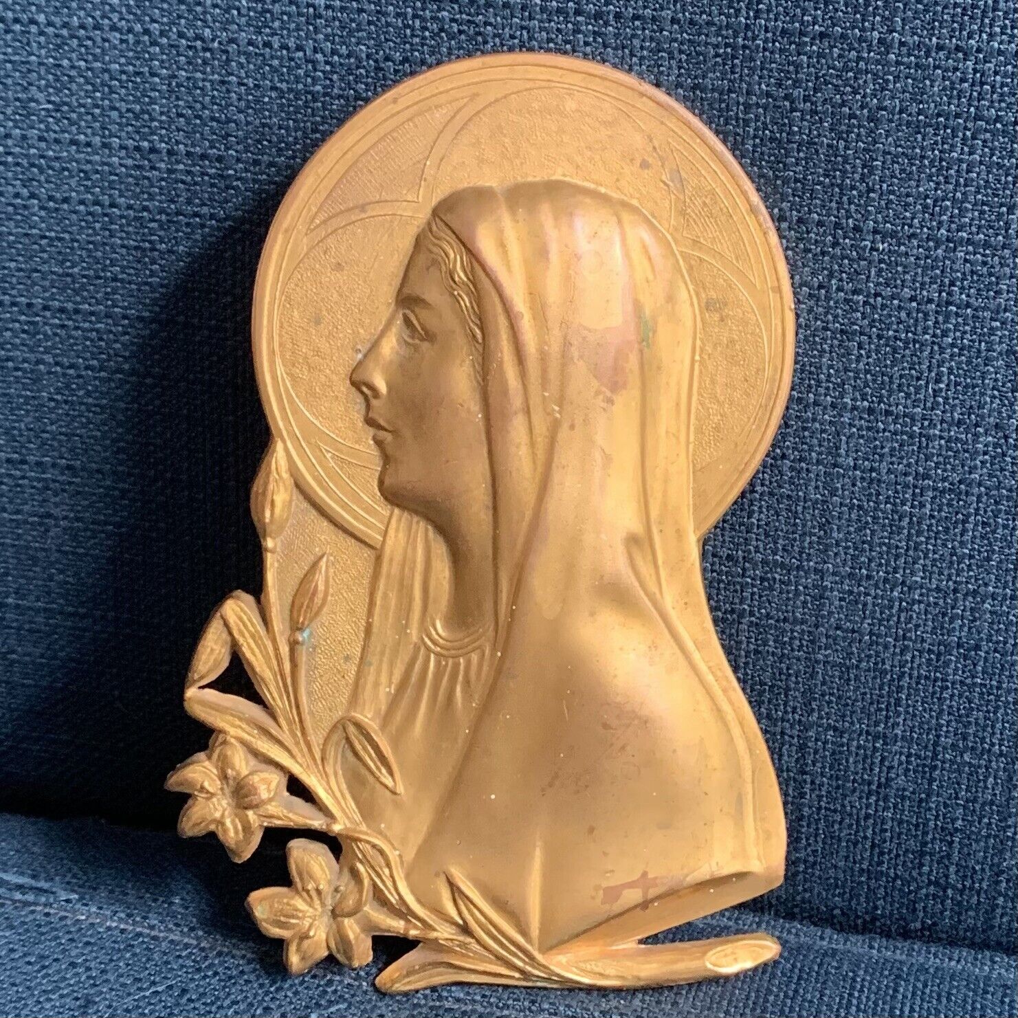Vintage Madonna Blessed Mother Mary Brass Wall Plaque USA