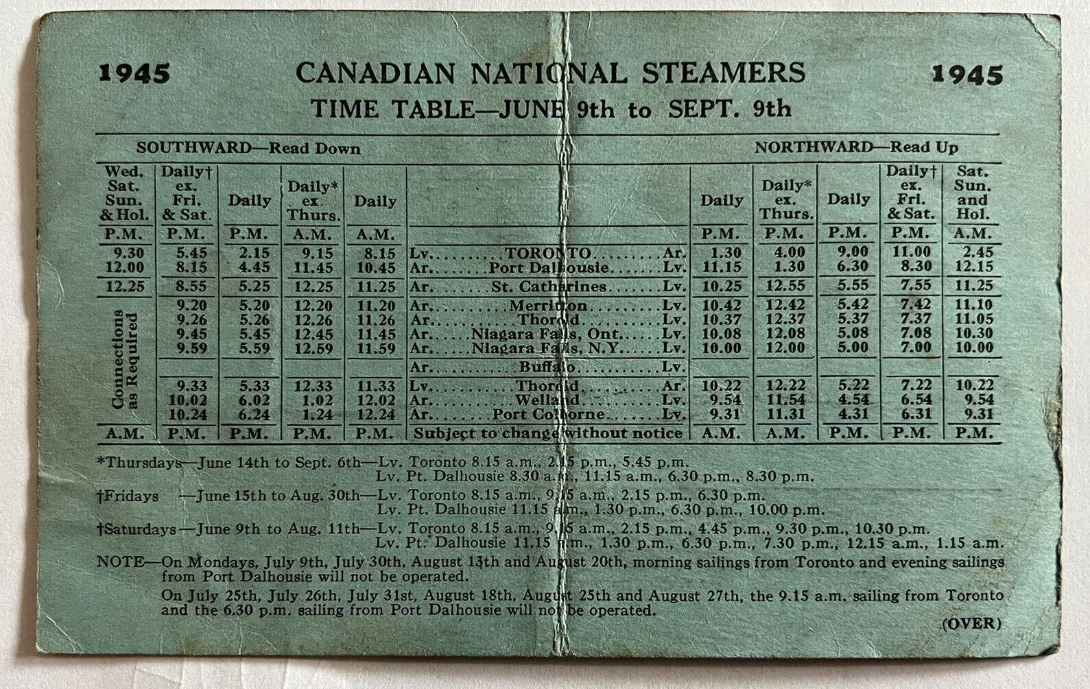 1945 CANADIAN NATIONAL STEAMERS TIME TABLE CARD