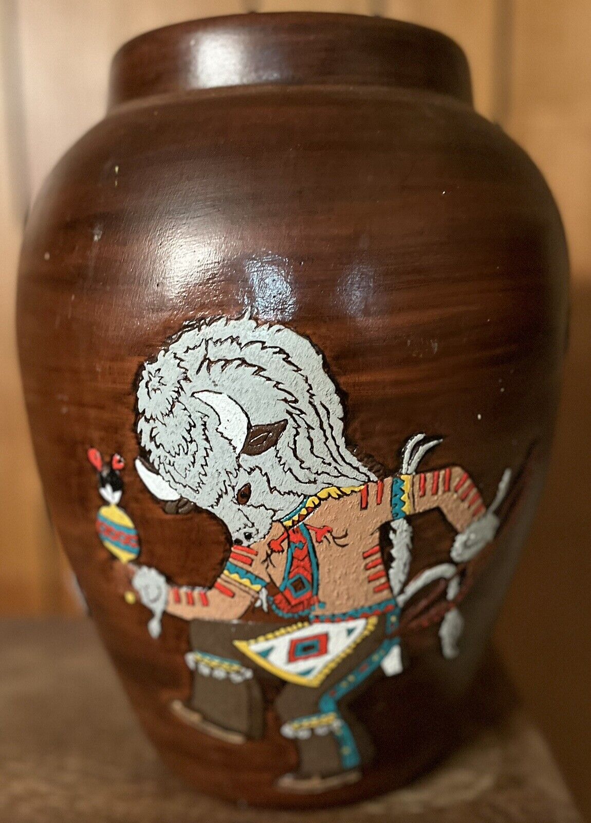 1982 Vintage American Indian Wedding Ceremony Sculpted Hand Painted Vase Signed
