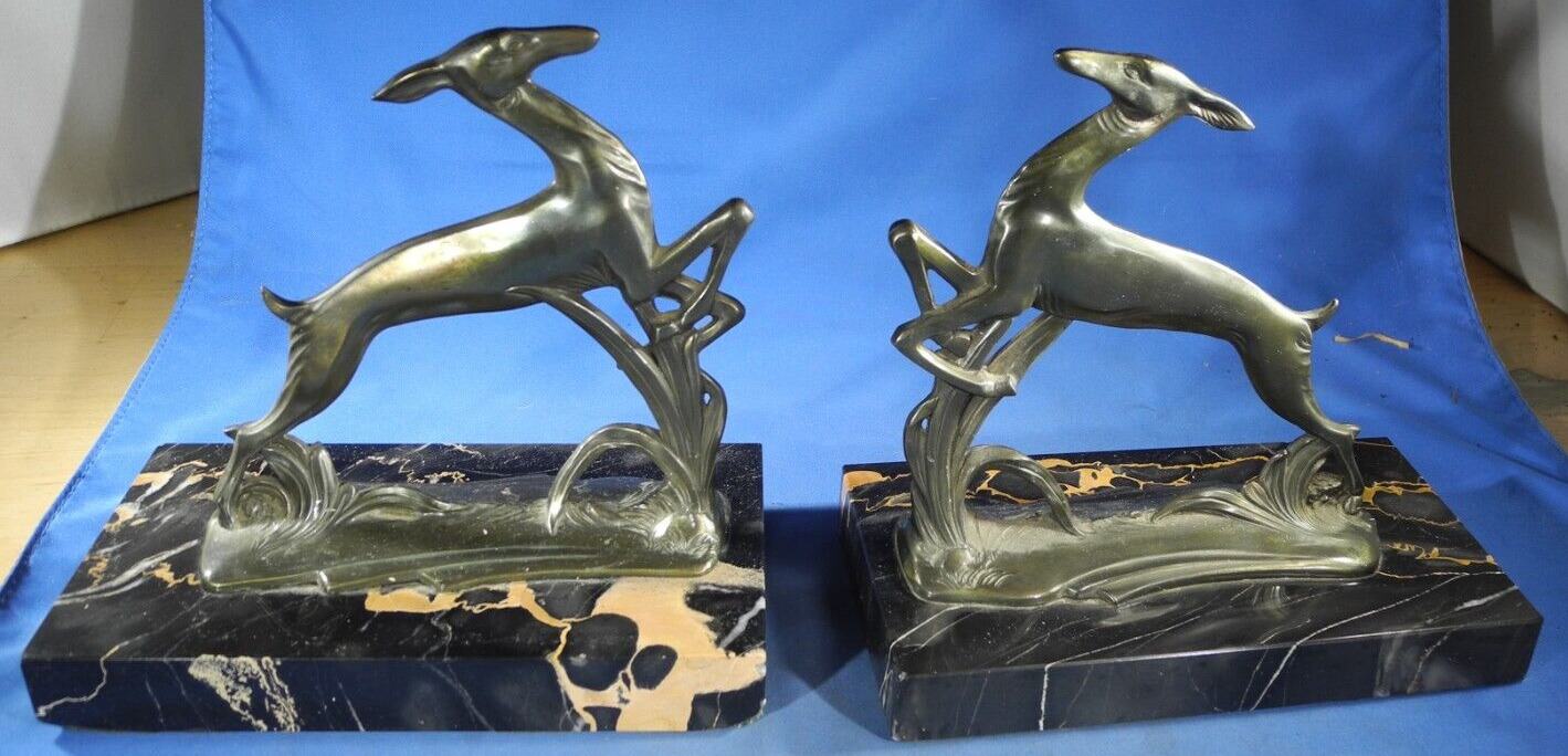 ART DECO Weidlich Bros. WB Mfg. Co. 764 Antelope Gazelle Deer Bookends Marble