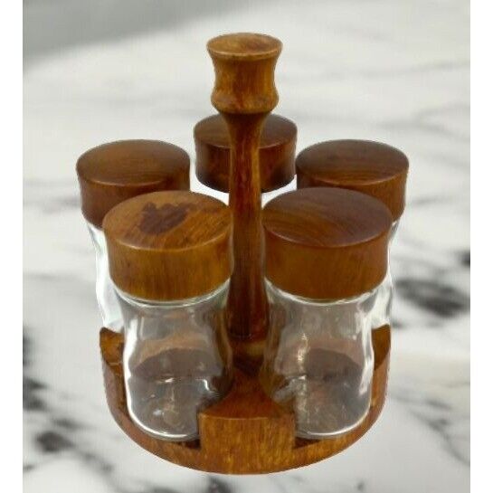Vintage Digsmed Denmark Teak Wood Glass 5 Jar Spice Table Rack MCM Retro Kitchen