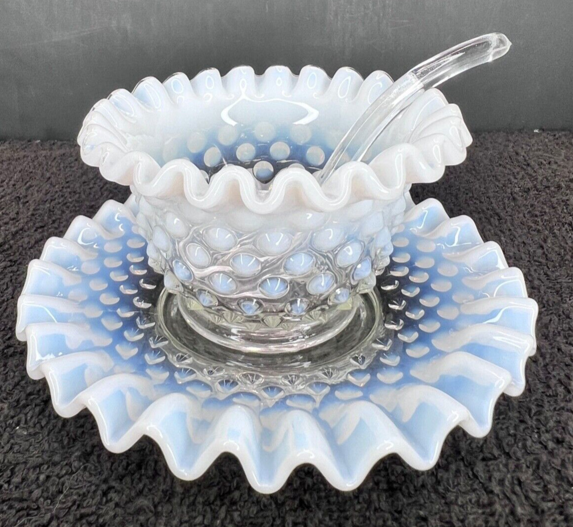 Fenton White French Opalescent Glass Hobnail Mayonnaise Set (3 Pieces) Pre-Logo
