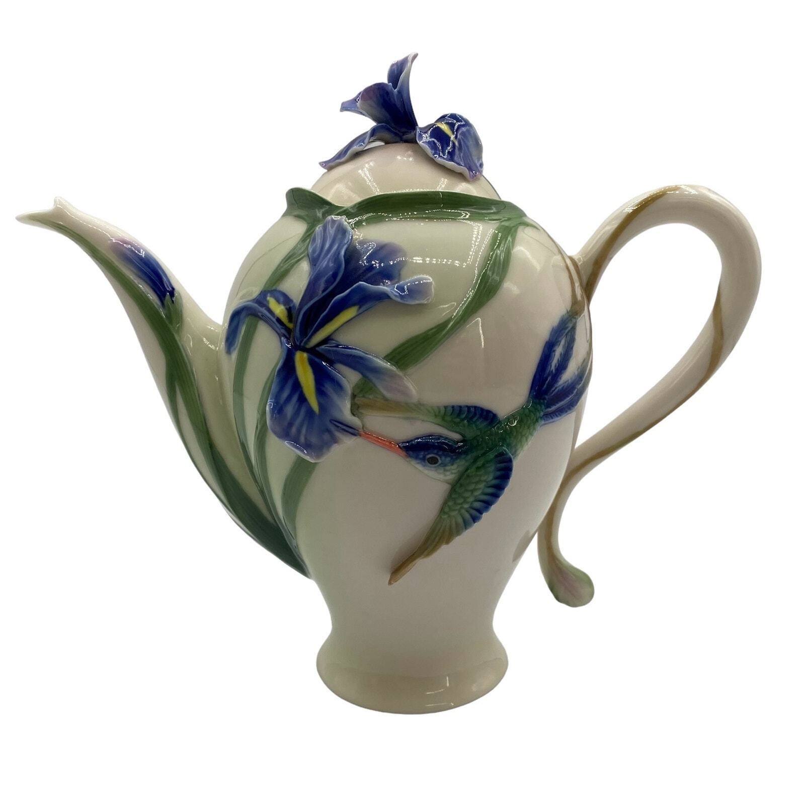 Franz Porcelain Teapot Long Tailed Hummingbird Purple Iris FZ00132 Signed