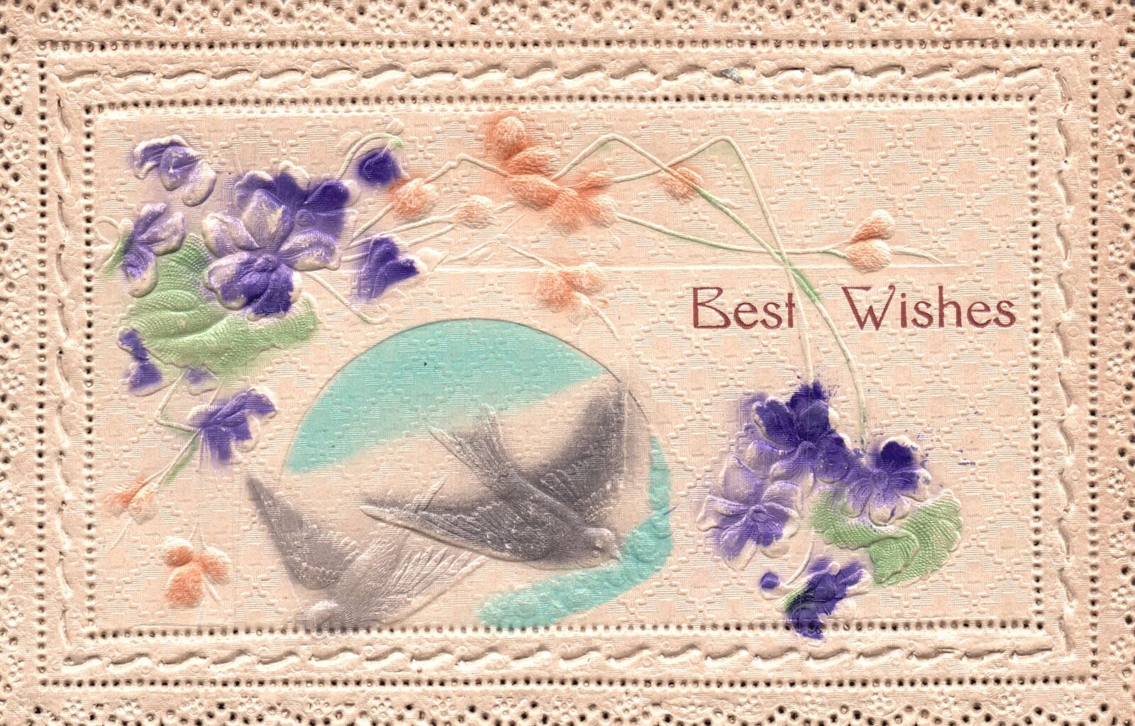 Vintage Postcard Best Wishes Birds and Flowers Embossed Greetings Souvenir Card
