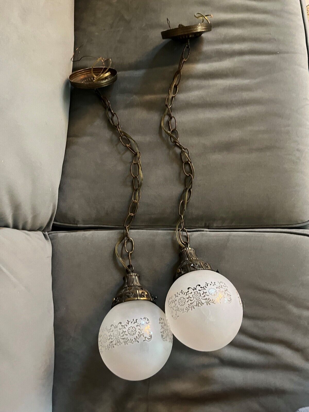 Vintage Double Glass Ball Hanging Swag Chandelier Lamp White With Pattern - 21
