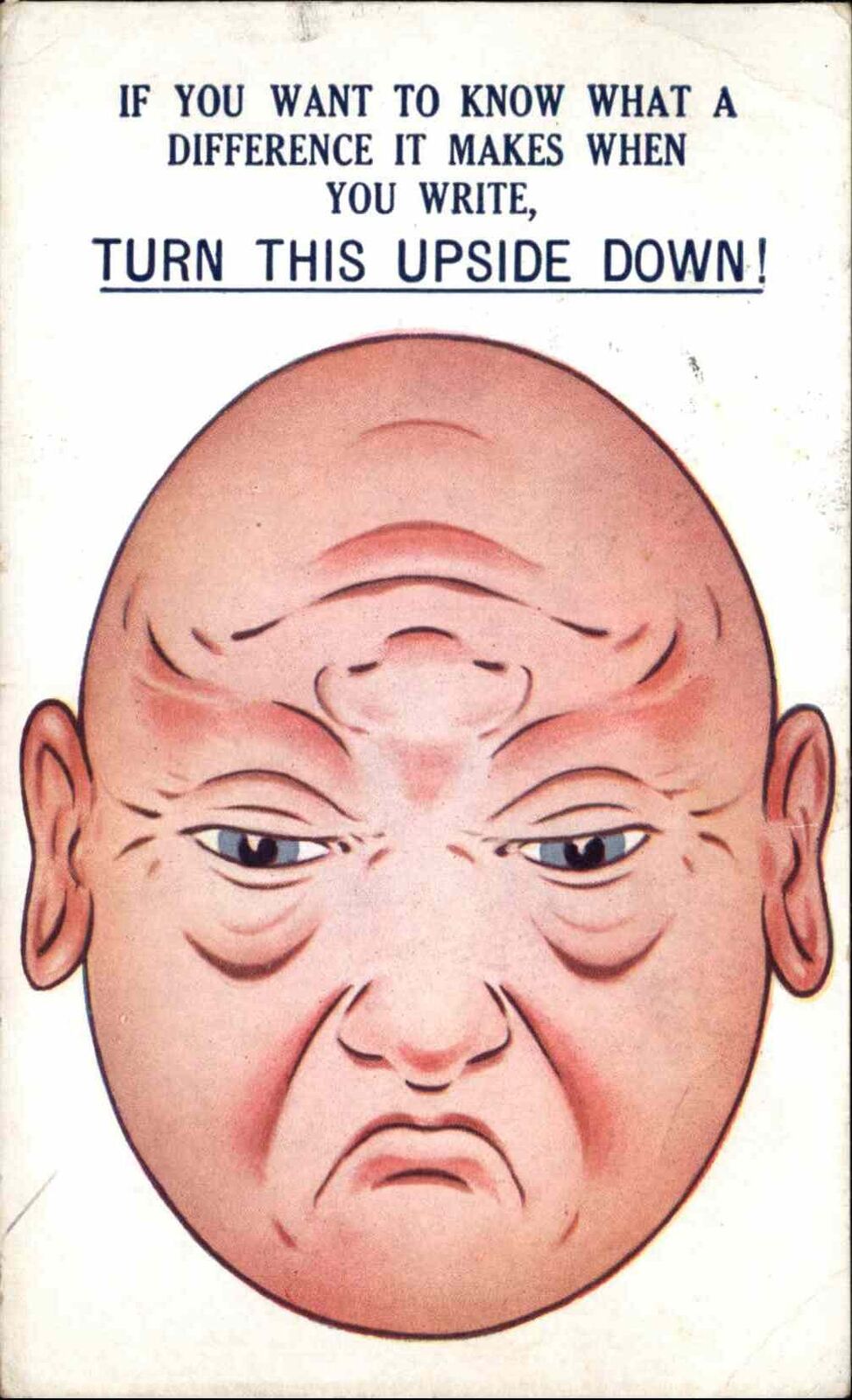 Metamorphic Frown Face Turn Over Smiling Bald Man Comic c1930 Postcard