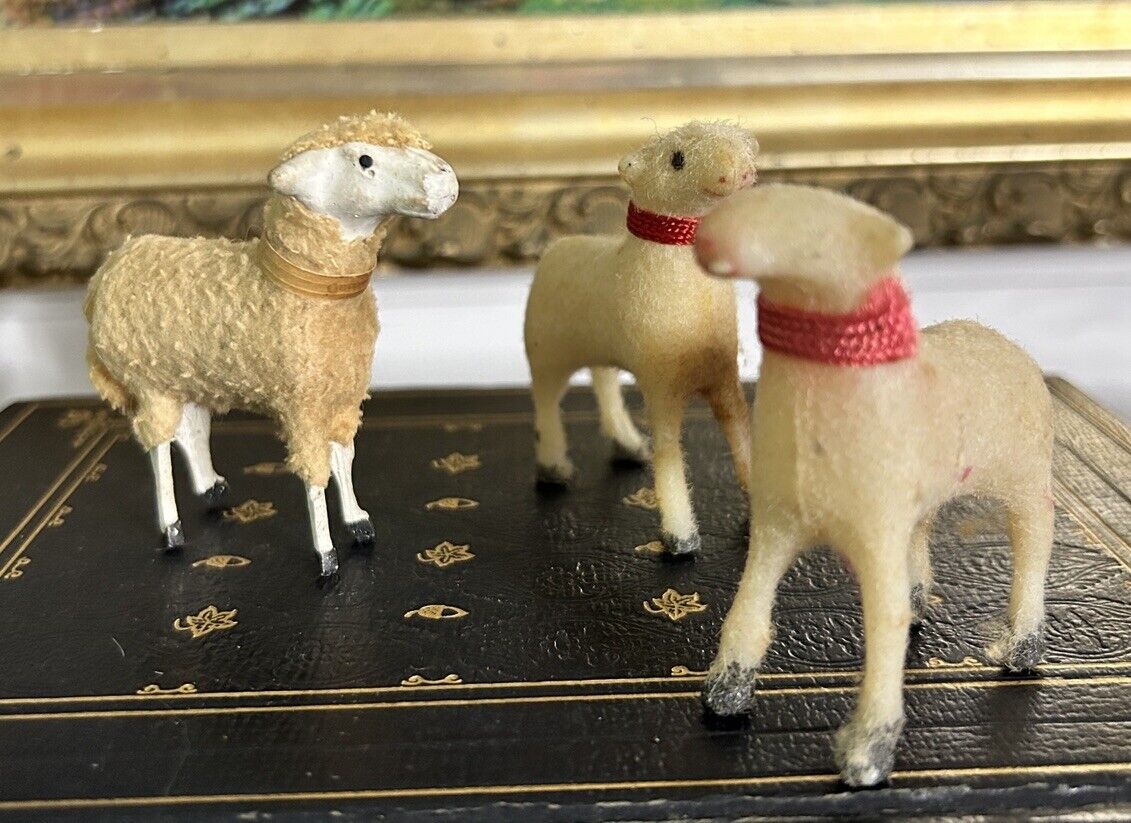 Vintage Putz WOOLY SHEEP Stick Leg & Flocked Sheep German Christmas Nativity