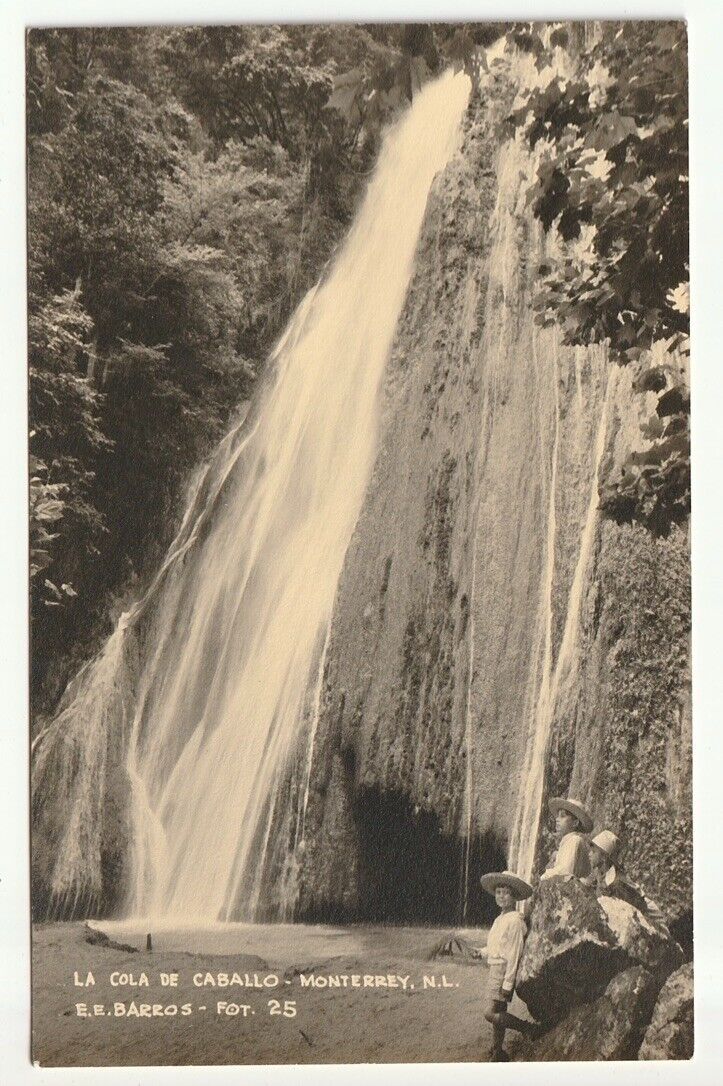 Unposted Vintage RPPC La Cola de Caballo waterfall, Monterrey, Nuevo Leon Mexico