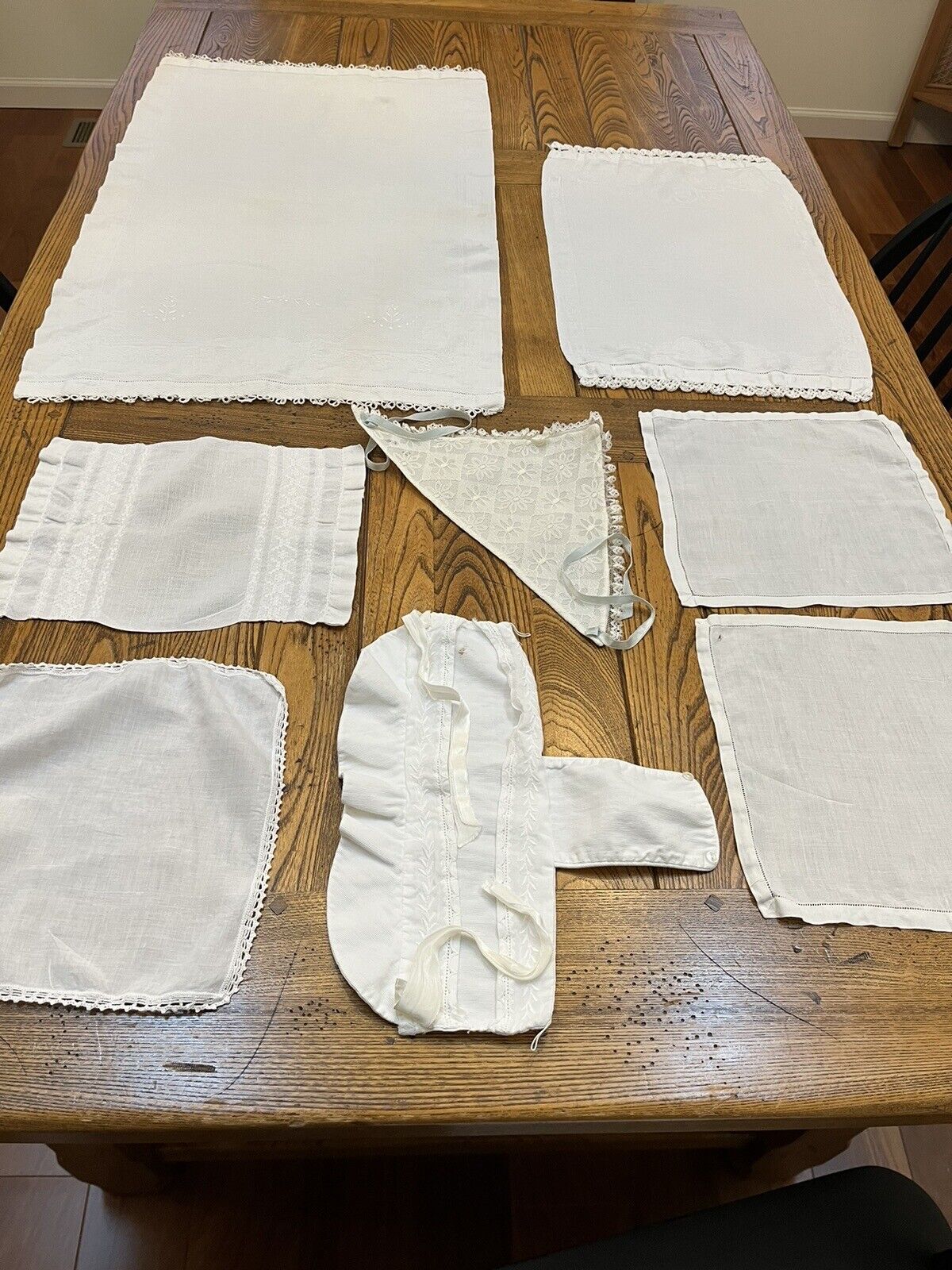 Lot of EIGHT Vintage White Linens Napkins Table Square Tea Towel Baby Hat