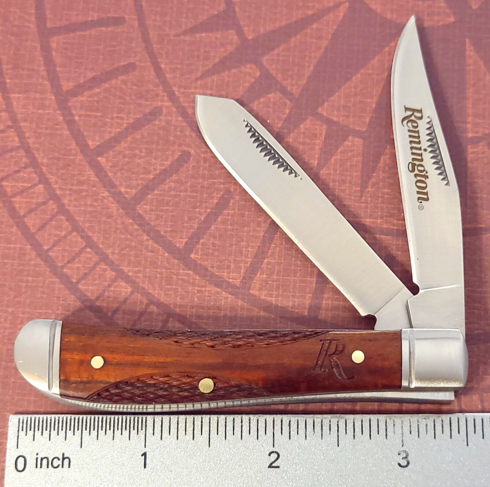 Remington Knife Two Blade Mini Trapper Brown Checkered Wood Handles Slipjoint