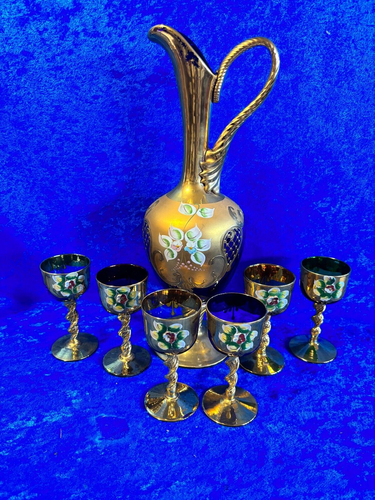 Murano Glass Pitcher & 6 Goblets Hand Blown & Painted Gold Trim Exquisite