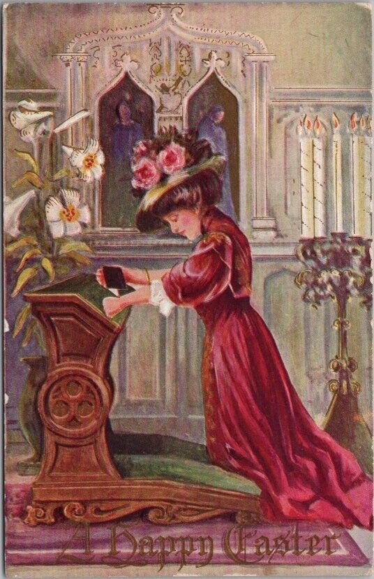 c1910s EASTER Embossed Postcard Woman Kneeling to Prayer in Church / Fashion